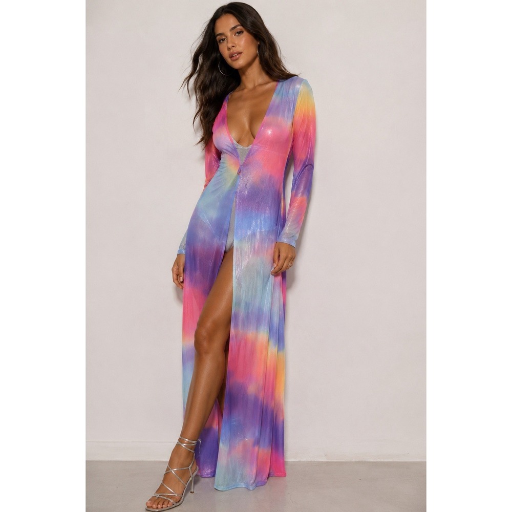 Jaded London Mesh Bodycon Maxi Dress w/ Silver Bodysuit Medium Festival Rave - Picture 1 of 10